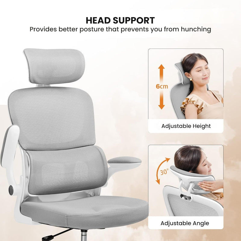 GTPLAYER - Ergonomic Office Chair | Auto-Adaptive Lumbar Support |High-End Quality Mesh Adjustable Neck & Armrests | Heavy-Duty Chromium Metal Base (Grey)